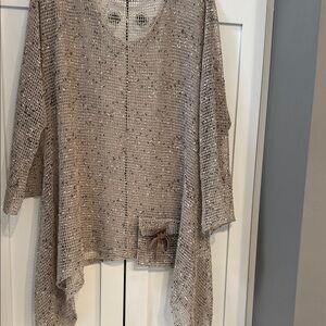 Neutral Open-Knit Fringe Sweater with Bow Accent